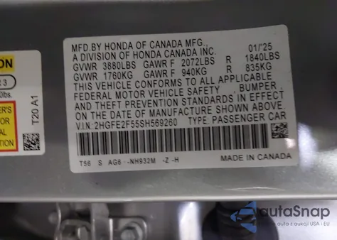 2025 Honda Civic Sport z USA, uszkodzony, nr VIN 2HGFE2F55SH569260